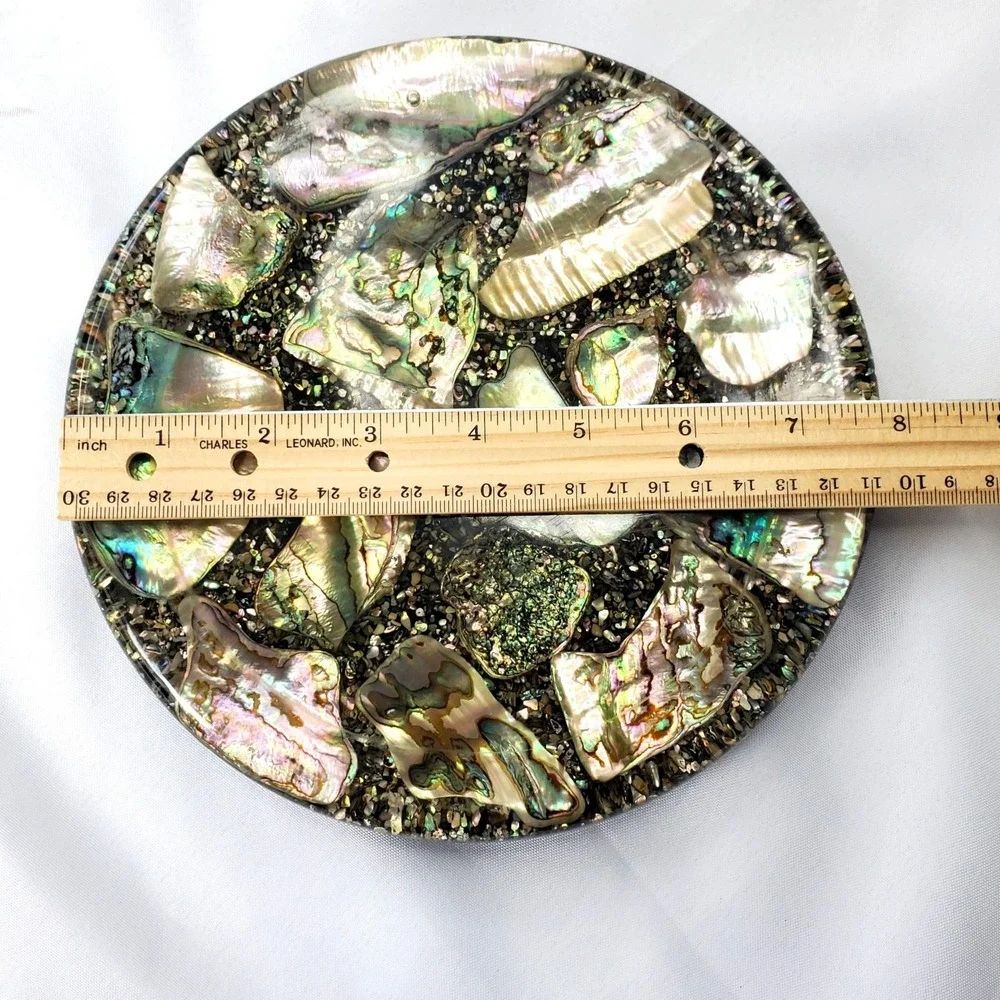 VTG Abalone Shell Round Trivet Black Base 8-Inch Handcrafted Betty's Shells